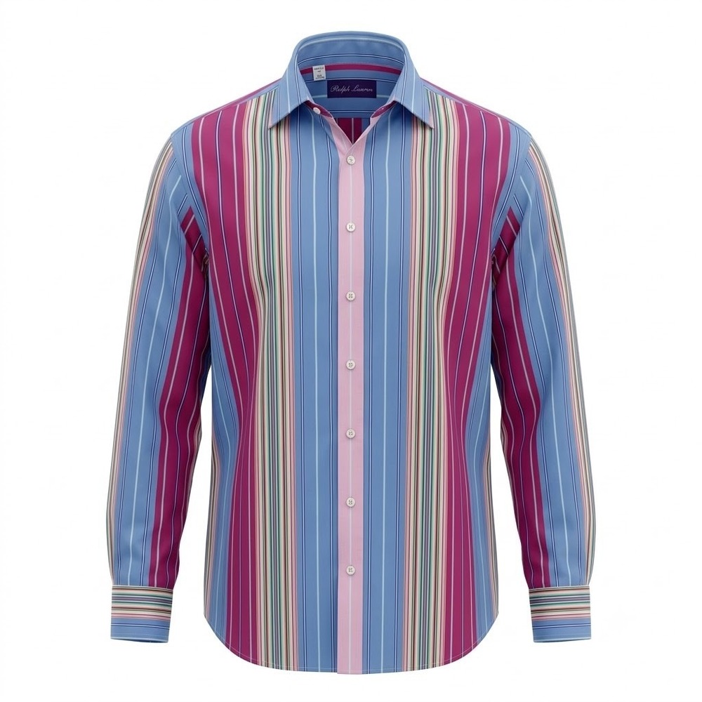 Ralph Lauren Purple Label Blue Multicolor Stripe Cotton Shirt 17 XL Long Sleeve
